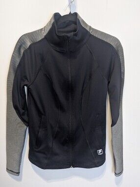FILA Sport Women Black/Gray Solid Knit Full Zip Track Jacket Pockets Sz XS EUC